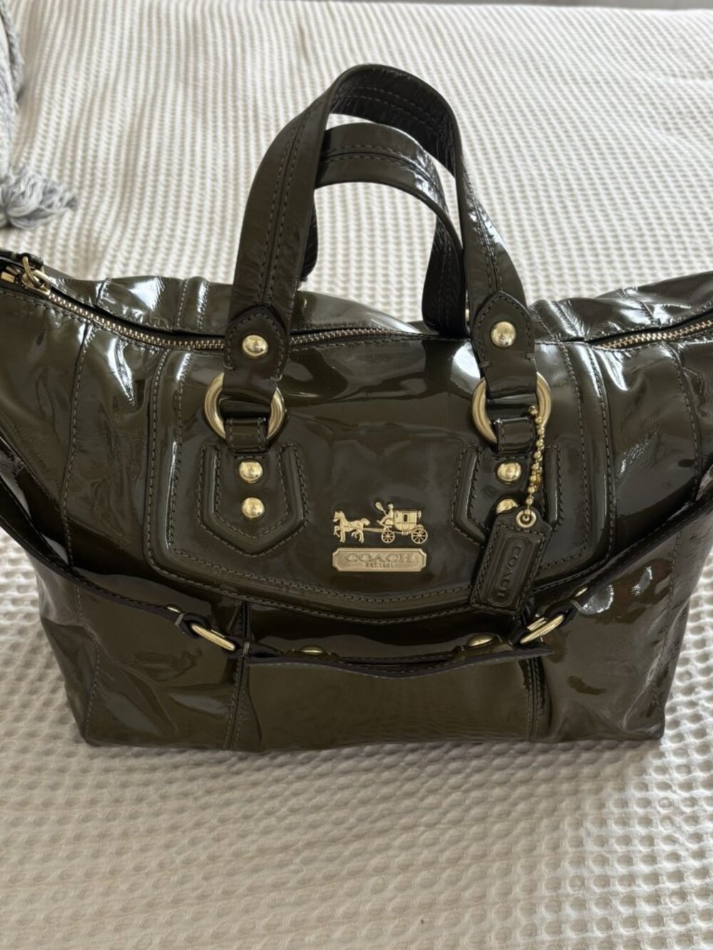 Coach Madison Audrey 14322 Olive Green Patent Leather Satchel Shoulder Bag